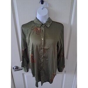 Jon & Anna Leopard AOP Women's Olive Green Long Sleeve Medium Blouse Size M